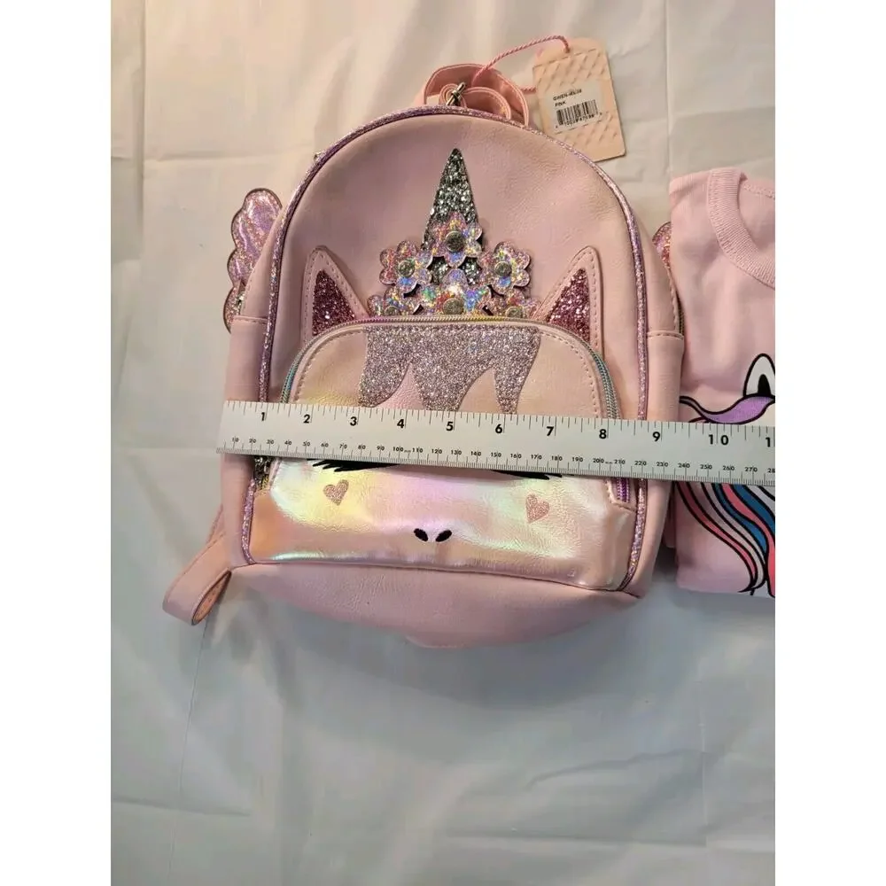 Girls Small Backpack Iridescent Glitter Pink Unicorn *w/Bonus Unicorn PJs Size 7